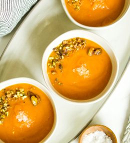 Roasted Carrot Soup with Candied Pistachios
