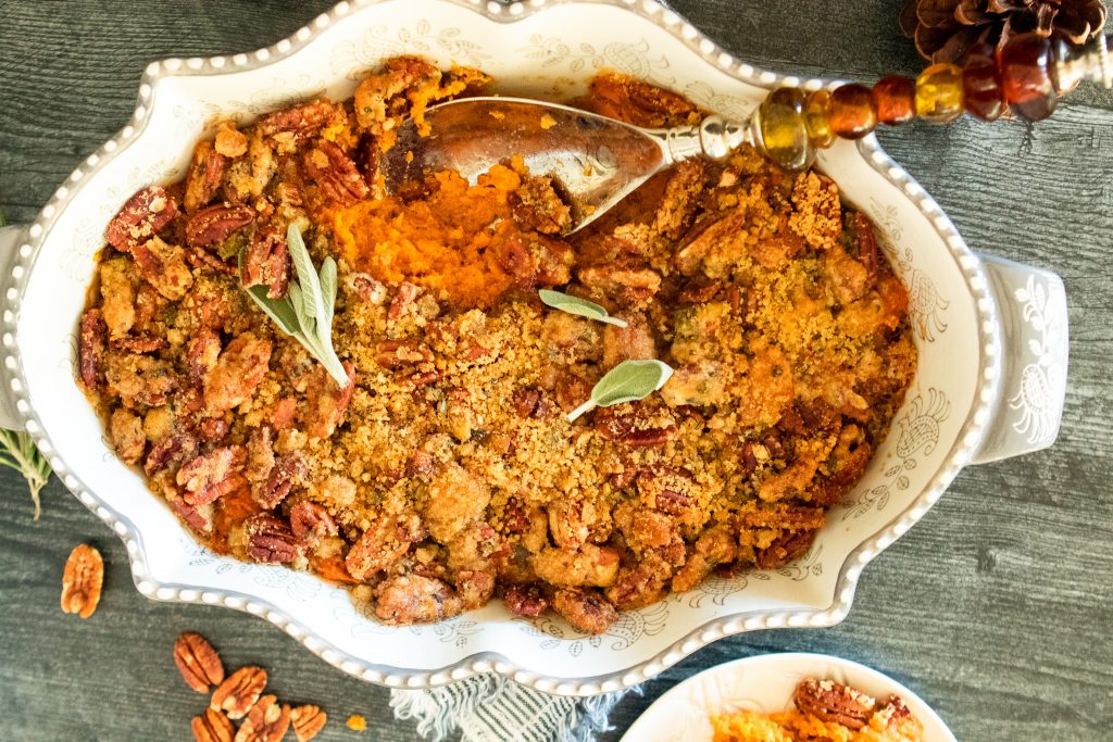 Bourbon Sweet Potato Casserole with Bacon-Pecan Crumble | The Fancy Pants Kitchen