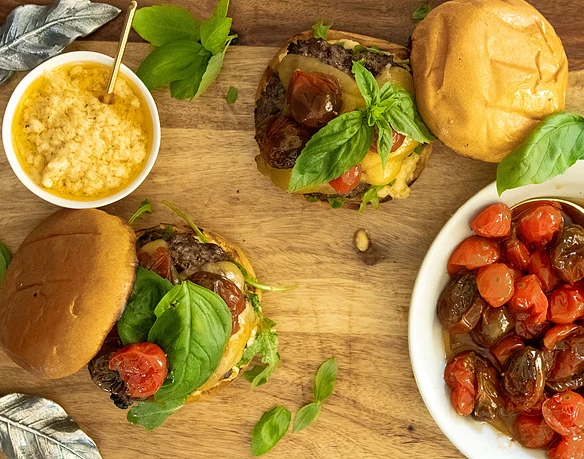 Roasted Tomato Burgers with Garlic Mayo & Gouda