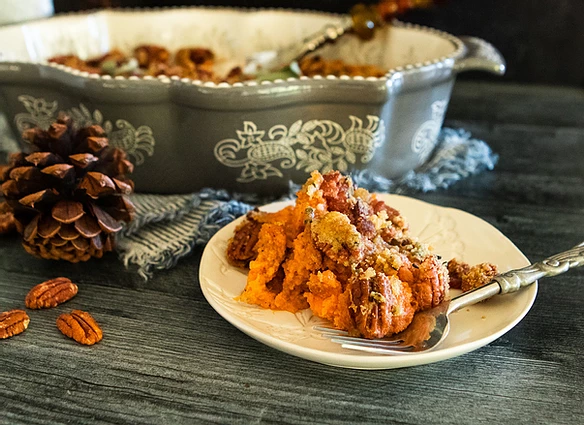 Bourbon Sweet Potato Casserole with Bacon-Pecan Crumble