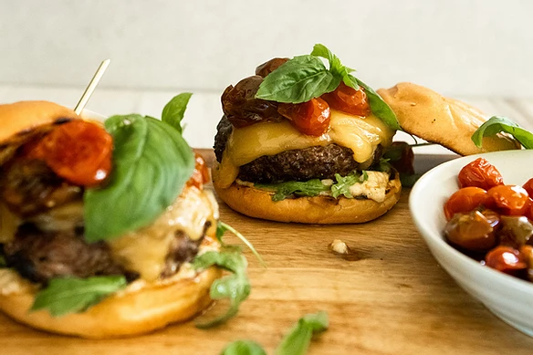 Roasted Tomato Burgers with Garlic Mayo & Gouda