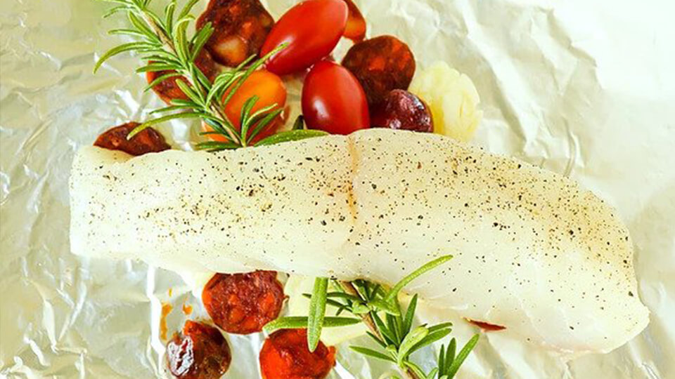 Halibut with Spicy Sausage & Tomatoes