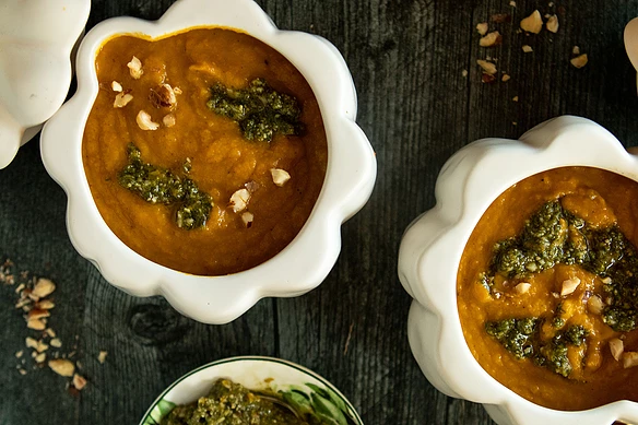 Pumpkin Soup with Hazelnut Sage Pesto