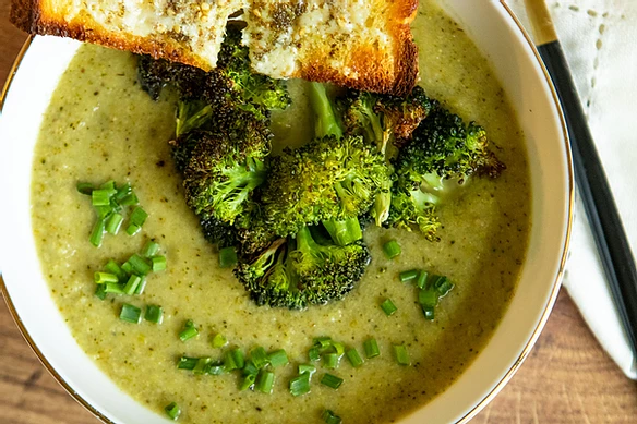 Roasted Broccoli Soup with Melted Cheddar Croutons