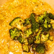 Roasted Broccoli Soup with Melted Cheddar Croutons
