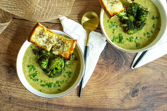 Roasted Broccoli Soup with Melted Cheddar Croutons