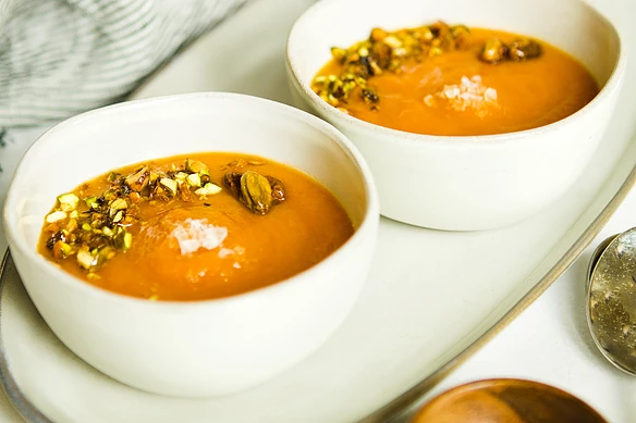 Roasted Carrot Soup with Candied Pistachios