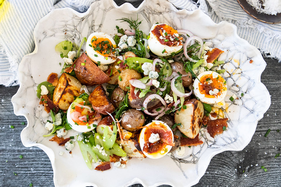 CRISPY POTATOES WITH JAMMY EGGS and BACON
