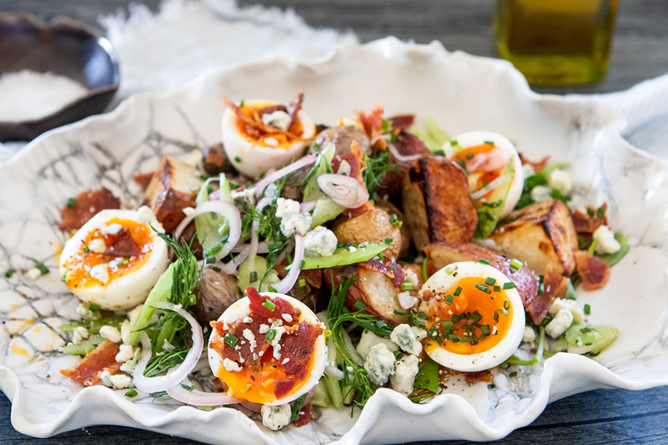 CRISPY POTATOES WITH JAMMY EGGS and BACON