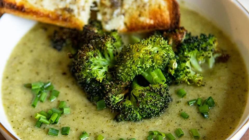 Roasted Broccoli Soup with Melted Cheddar Croutons