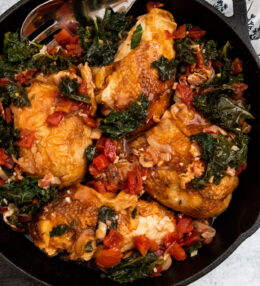 Braised Rotisserie Chicken with Bacon, Tomatoes & Kale