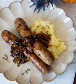 Sausage with Mustard Onions and Potato Pear Mash