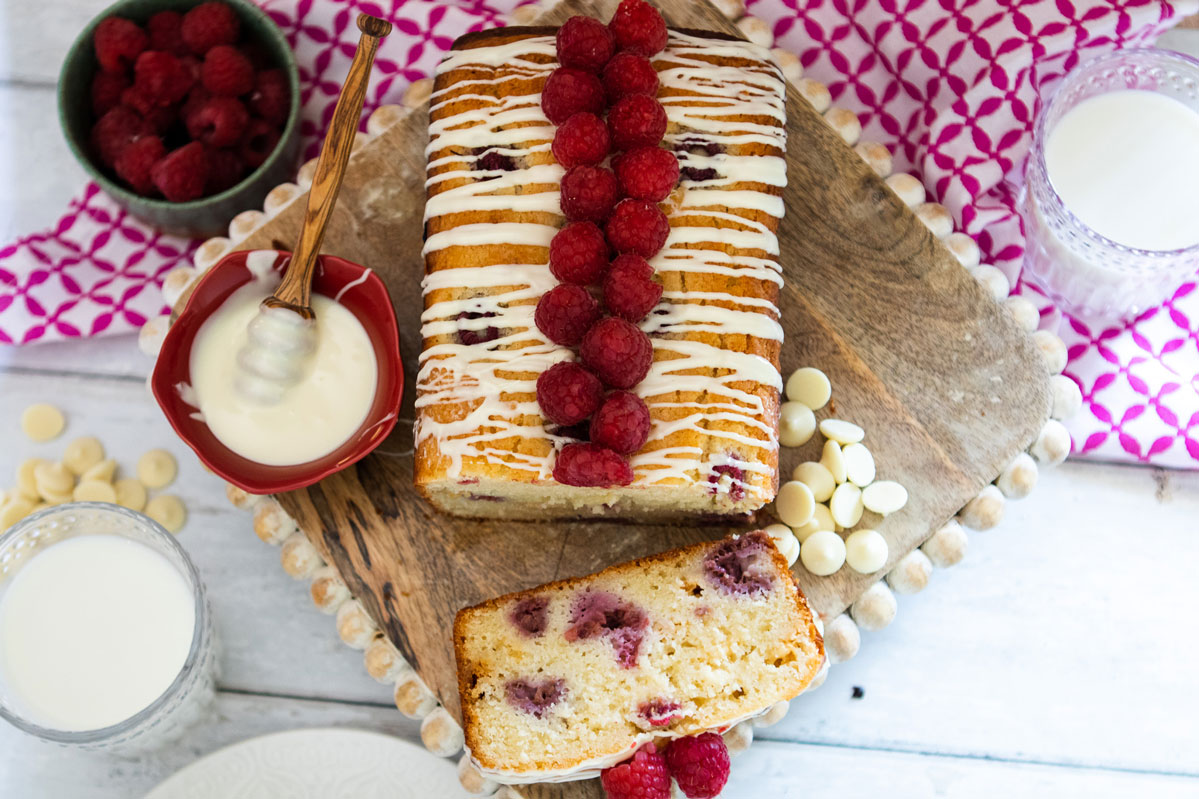 Raspberry and White Chocolate Loaf Cake - Alpine Ella