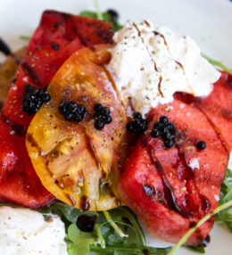 Grilled Watermelon Salad with Balsamic Pearls