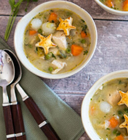 Chicken Pot Pie Soup with Puff Pastry Croutons