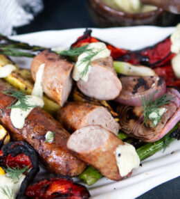 Grilled Sausages and Vegetables with Creamy Dill Dip