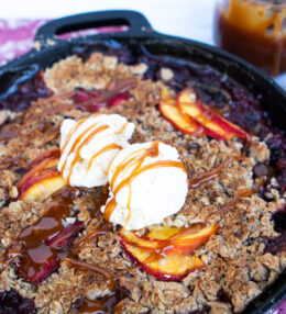 Skillet Peach Berry and Caramel Crisp