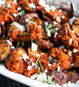 Roasted Potatoes with Goat Cheese and Red Pepper Sauce