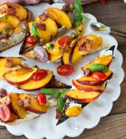 Peach Crostini with Bacon Basil Dressing